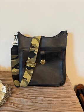 Neiman Marcus Black Crossbody Bag with Green Camo Strap
